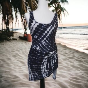 See You Monday Tie Dye Fitted Dress, Faux Wrap, Navy/White, Sleeveless, …